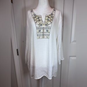Spense Effortless Airy White Embroidered Gauze Boho Tunic Top XL Coastal Resort